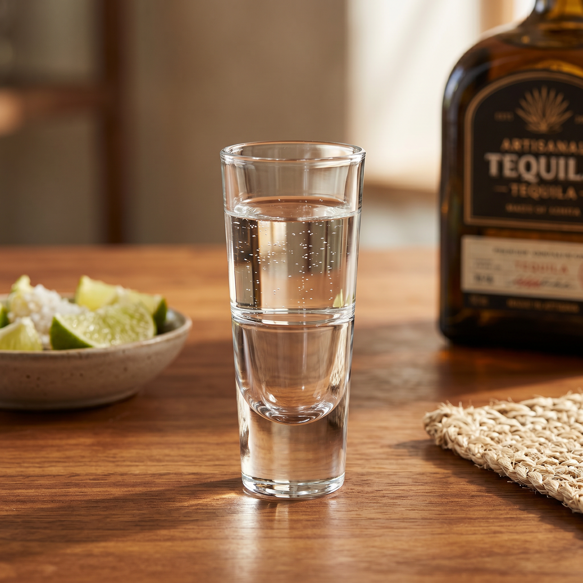 tequileros de vidrio moderno con base solida clasico y moderno en mesa de madera con tequila y limon en fondo de una casa 