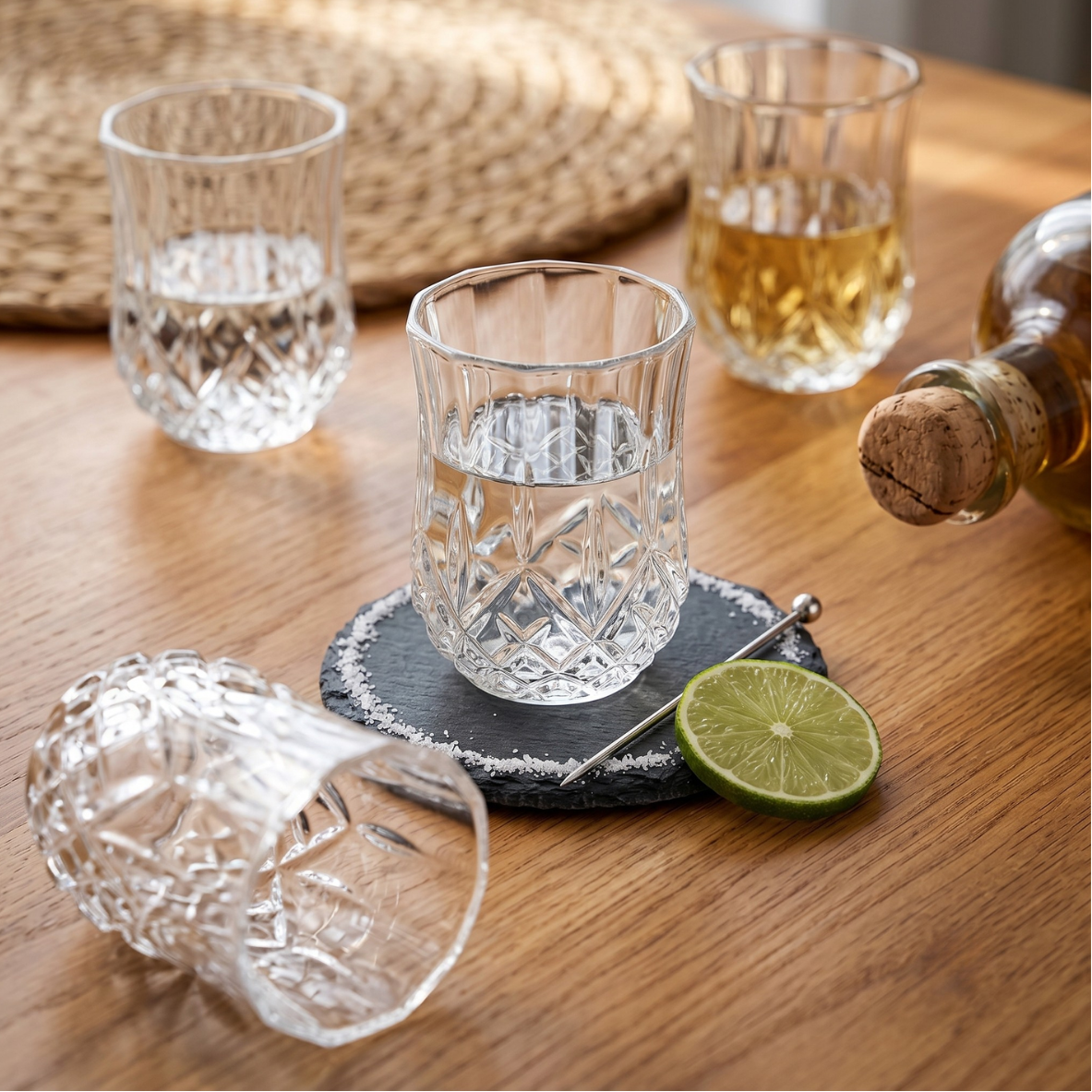 tequileros de 50 ml en mesa de madera para whiskey