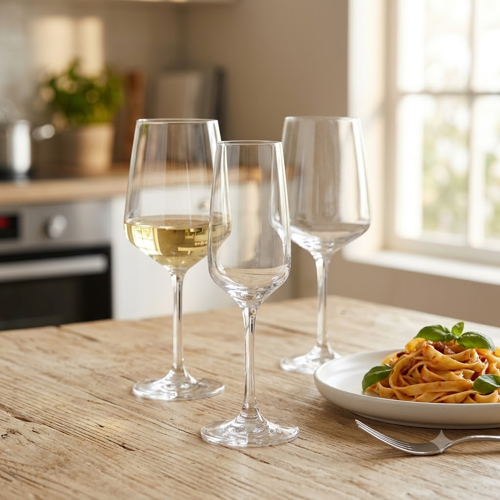 copas de vidrio variante de varias capacidades en mesa madera con pasta