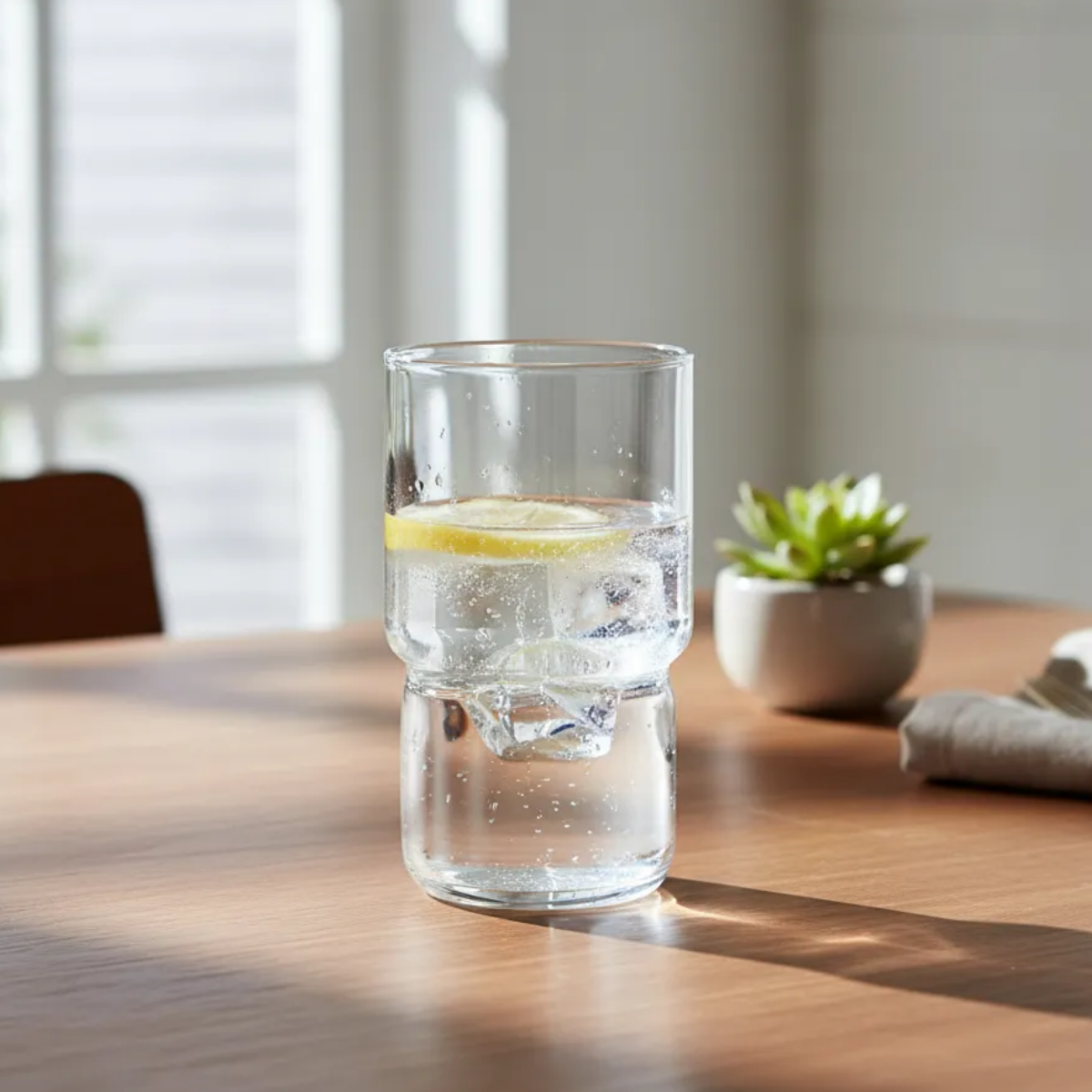 Vaso de vidrio Amalfi con agua en ambiente interior luminoso