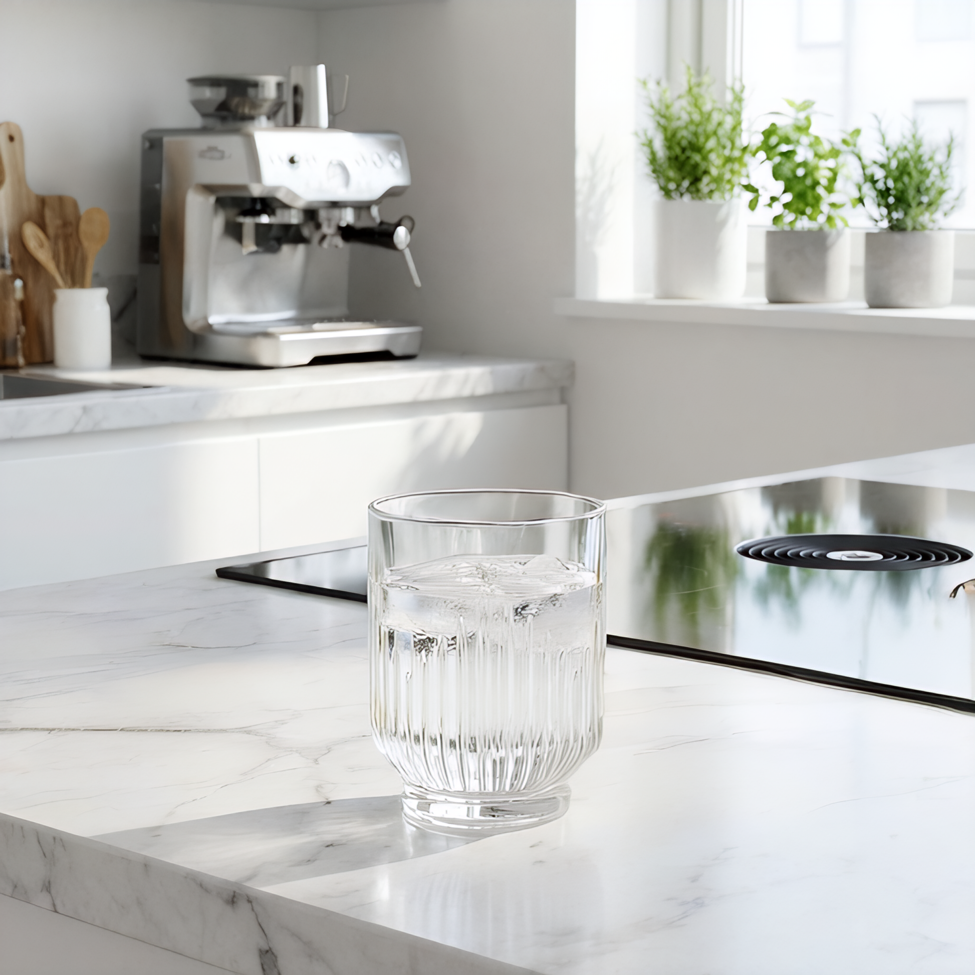 Vaso de vidrio estriado Barcelona sobre encimera de cocina moderna