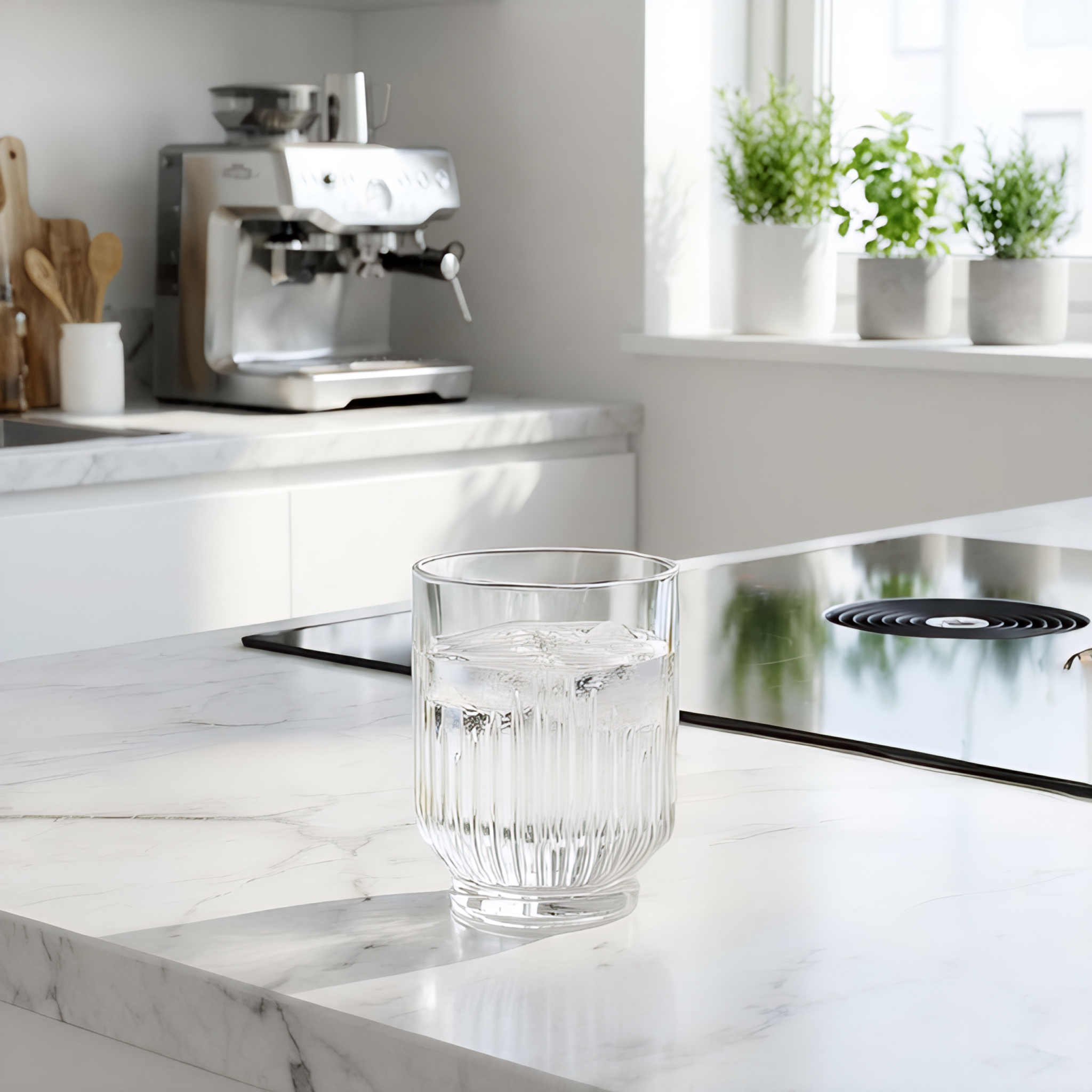 Vaso de vidrio estriado Barcelona sobre encimera de cocina moderna