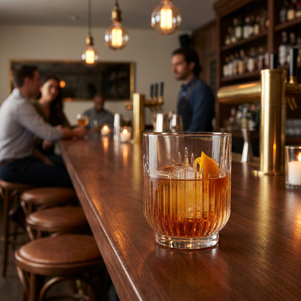 Vaso de vidrio estriado Barcelona con bebida servida en barra