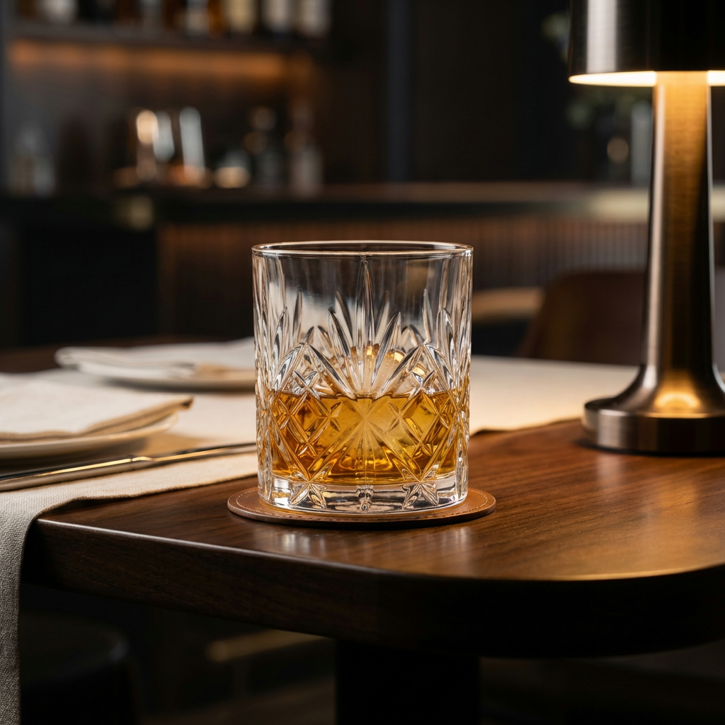 Vaso Old Fashioned Borela servido con whiskey en barra