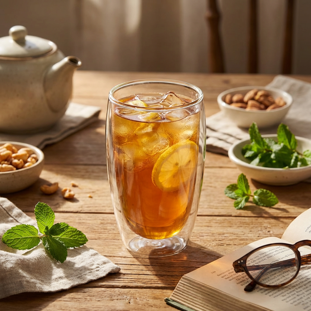 Vaso Doppio de doble pared con bebida fría y hielo sobre mesa de madera