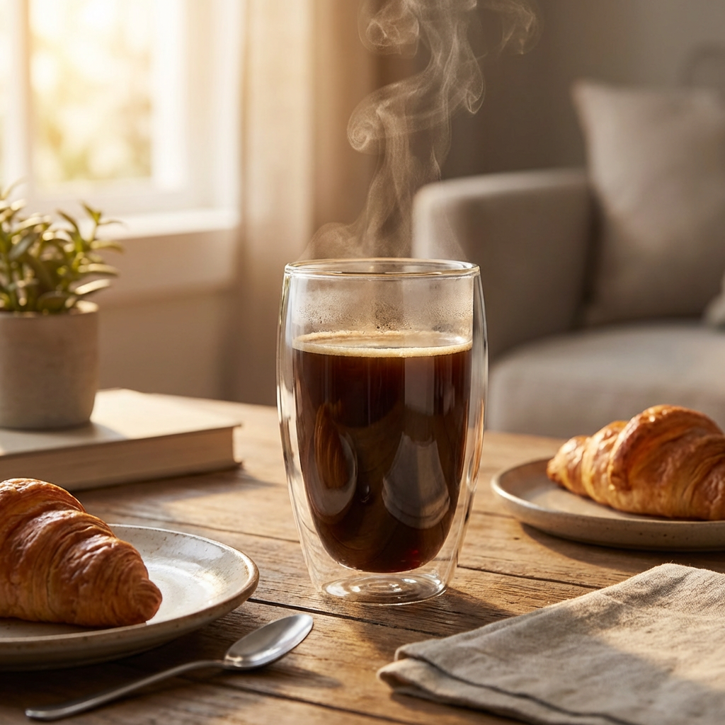 Vaso Doppio de vidrio de doble pared con café en un ambiente cálido de hogar