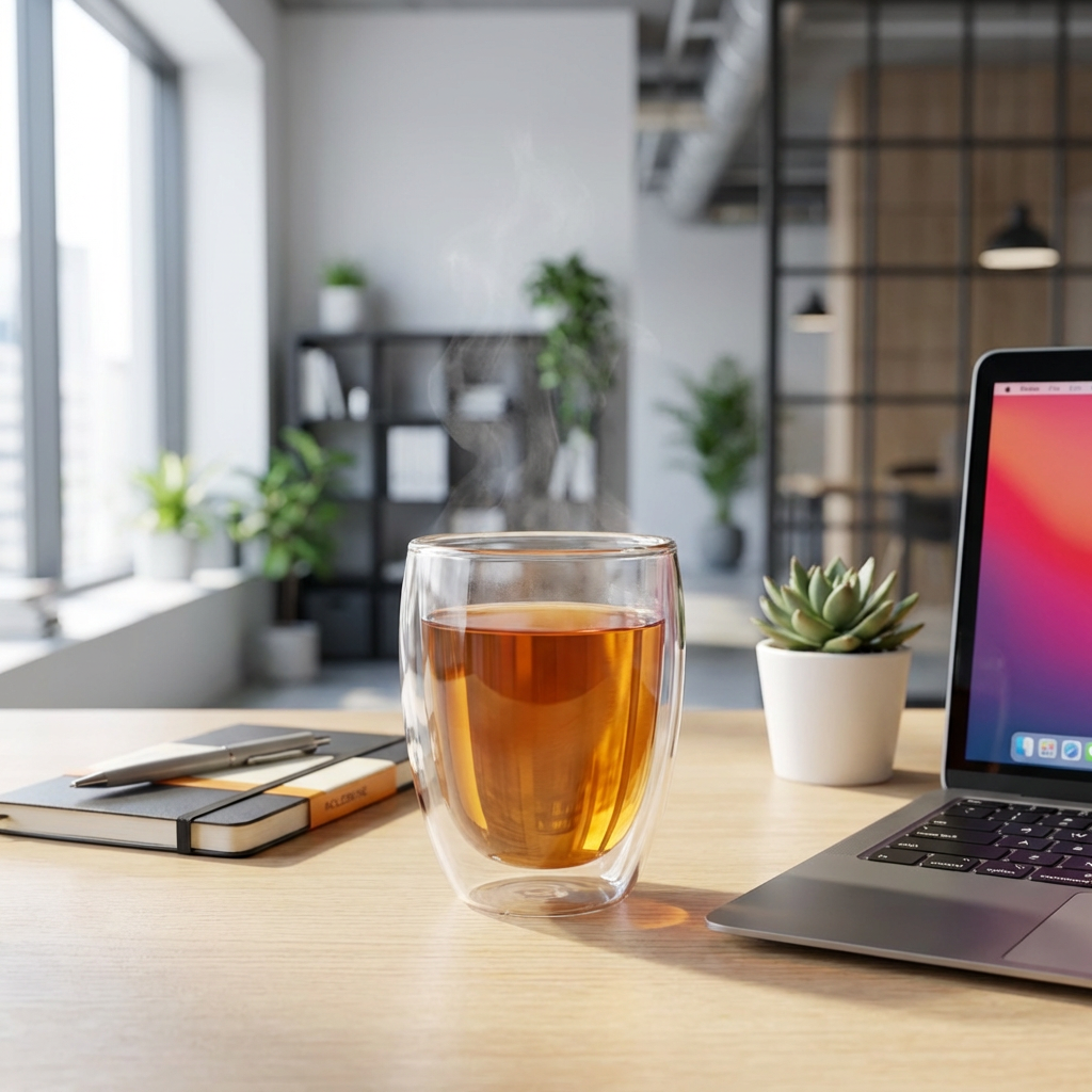 Vaso Doppio de vidrio de doble pared con bebida caliente en un entorno de trabajo