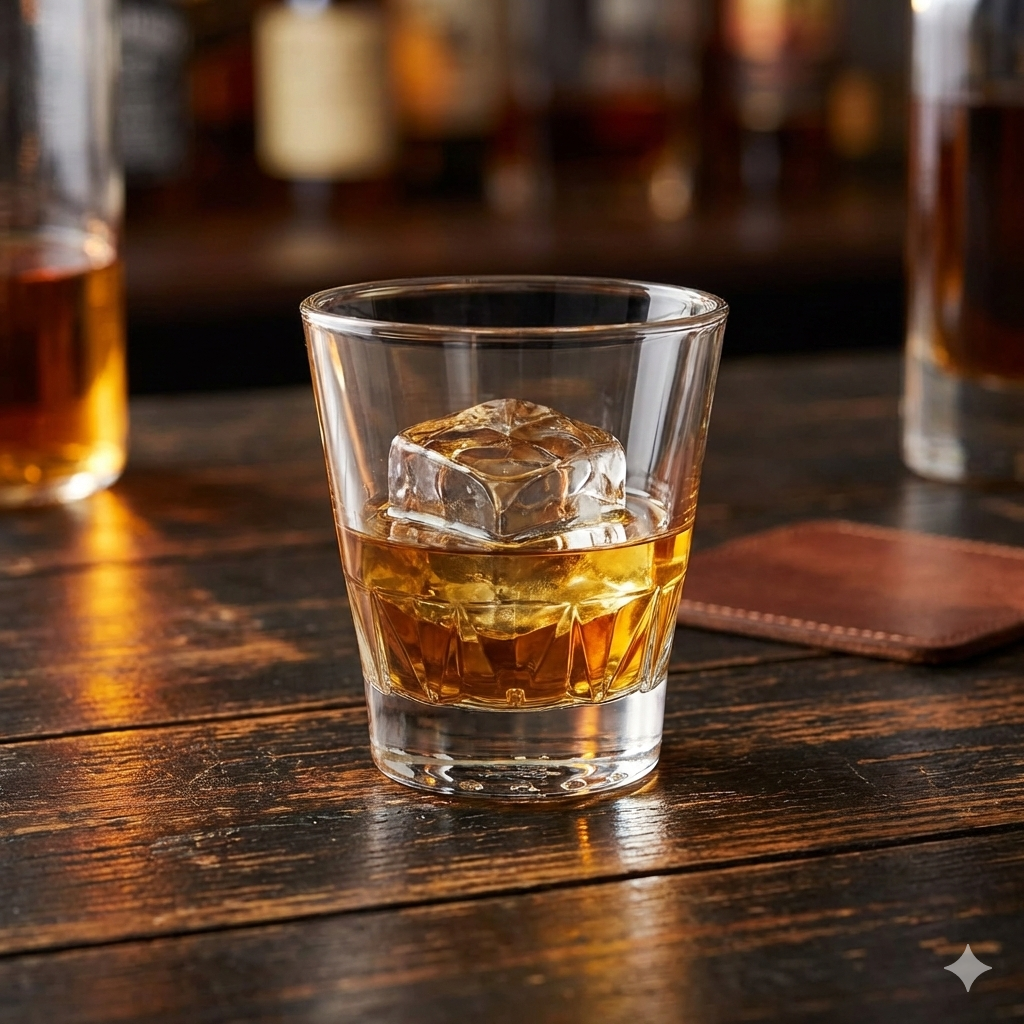 Vaso Gallery bajo de vidrio con whisky servido con hielo