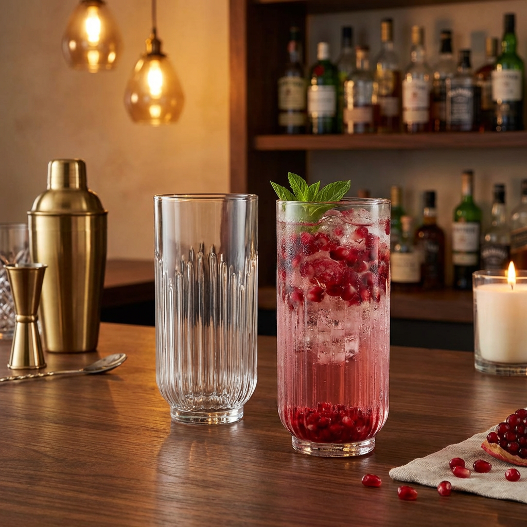 Vaso alto de vidrio Barcelona con bebida servida en barra