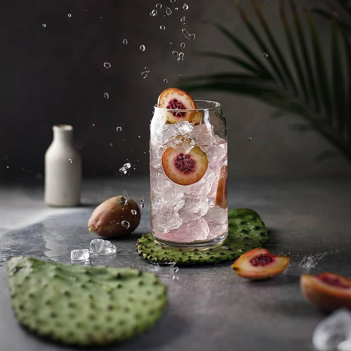 Vaso lata de vidrio con bebida fría y fruta decorativa