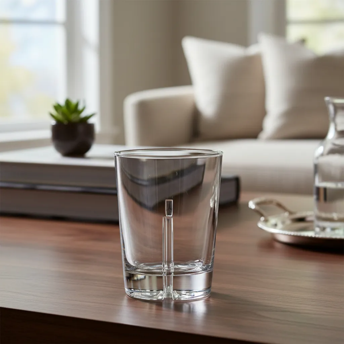 Vaso Look de vidrio utilizado para bebidas en una mesa de hogar