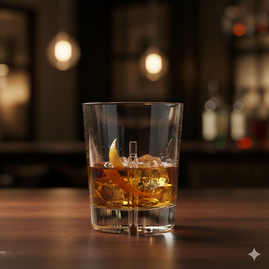 Vaso Look de vidrio con whisky servido con hielo sobre barra