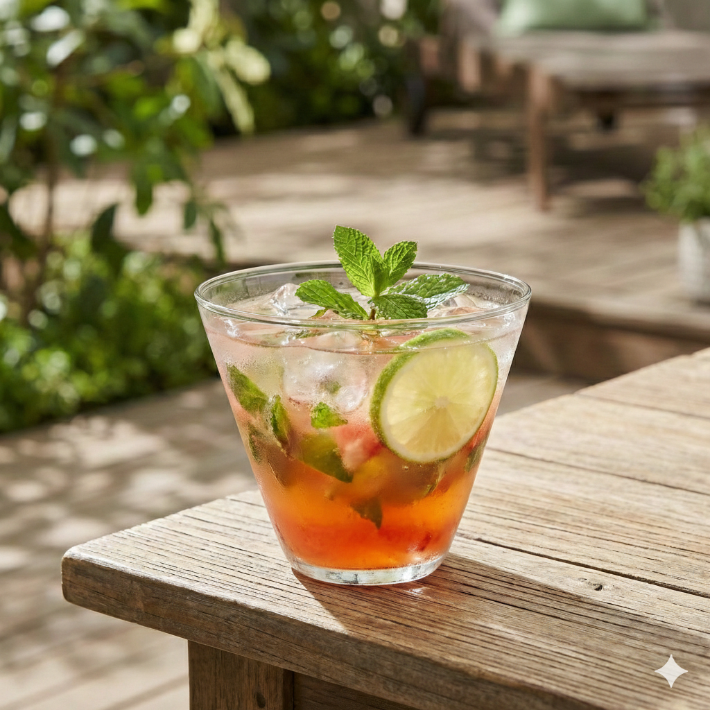 Vaso Luxor de vidrio con bebida fresca servido sobre mesa exterior