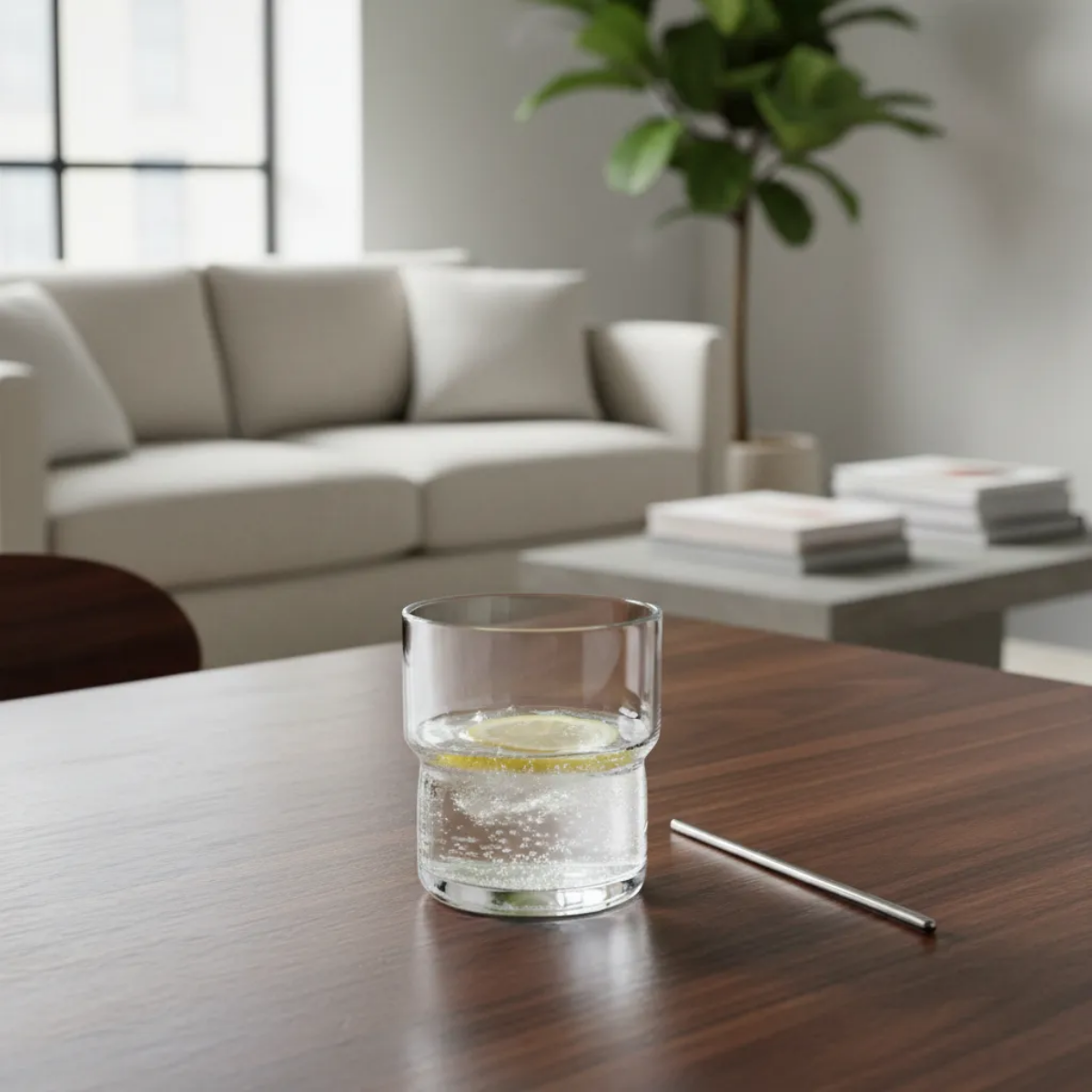 Vaso de vidrio Amalfi con bebida servido sobre mesa en ambiente hogareño