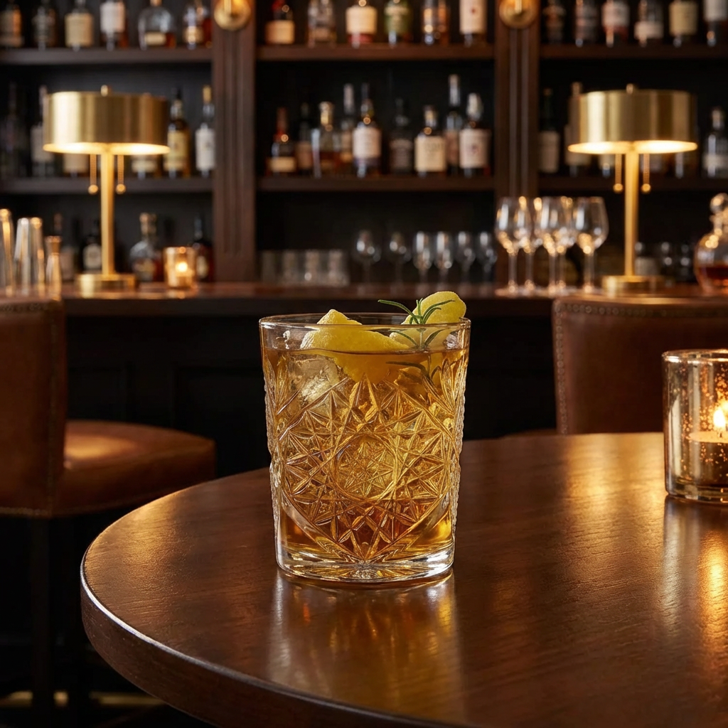 vaso de vidrio estilo vinatge en mesa  de madera de un bar