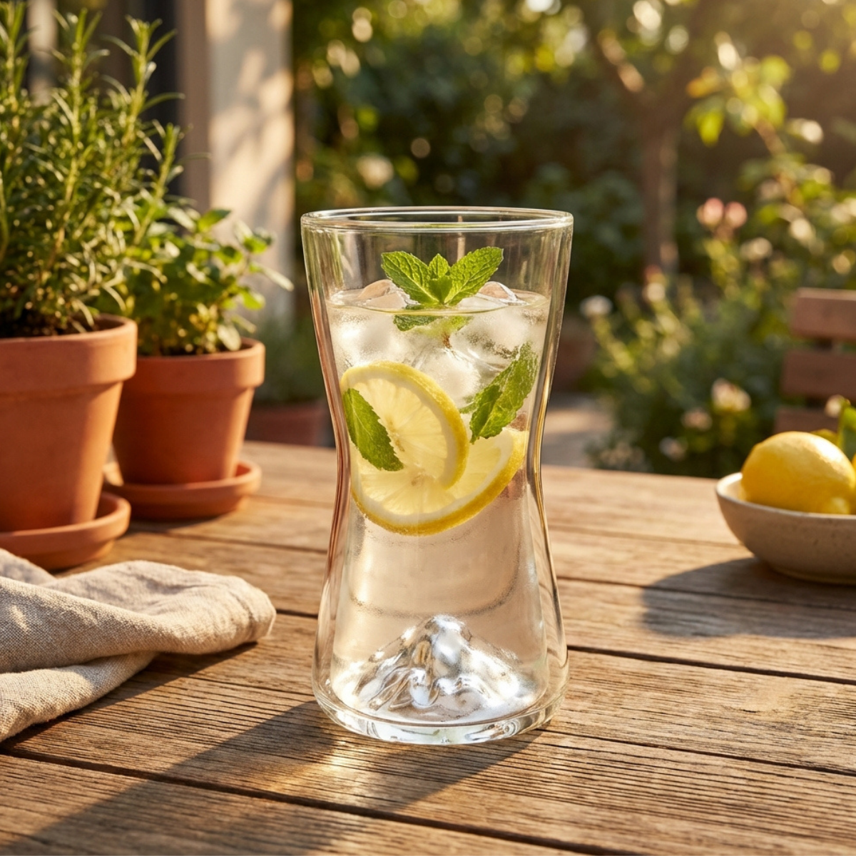 Vaso Palermo K de vidrio con bebida y rodajas de cítricos en mesa exterior