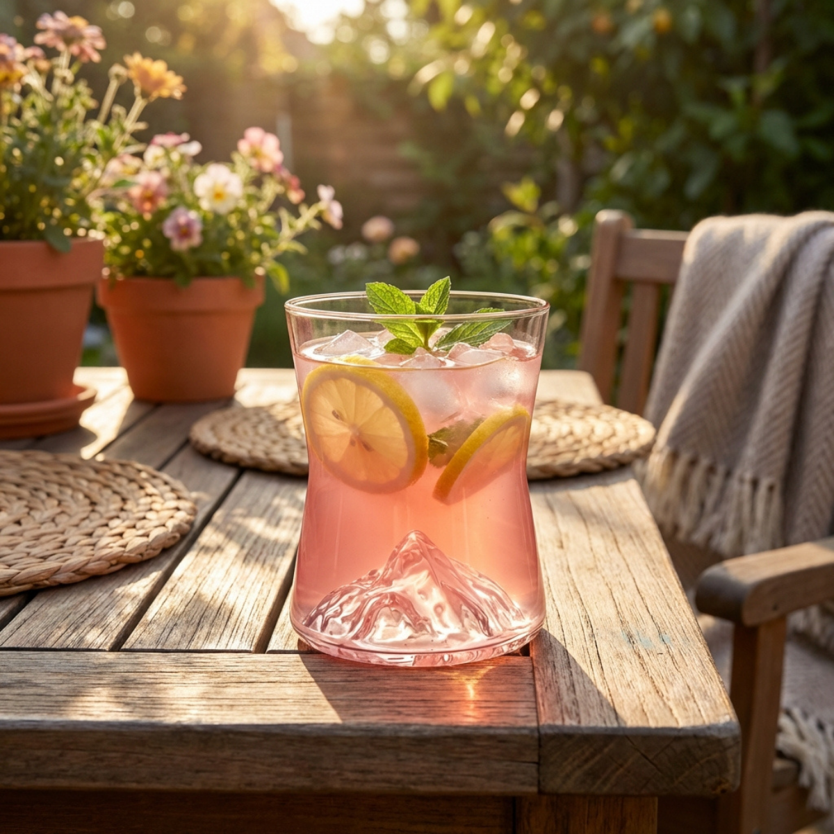 Vaso Palermo K highball de vidrio con bebida servida en mesa exterior