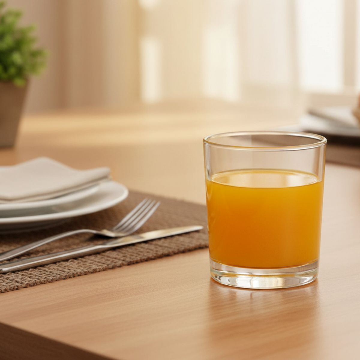 Vaso Stelvio de vidrio con bebida servida en mesa