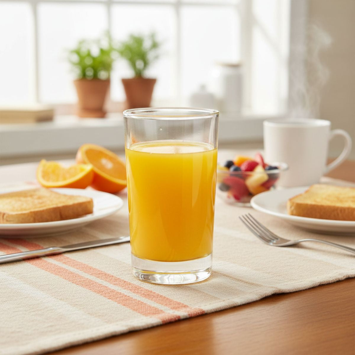 Vaso Stelvio de vidrio con jugo servido en mesa de desayuno