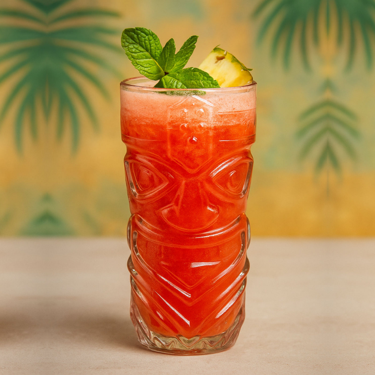 Vaso Tiki Taka Hawaii de vidrio con cóctel rojo tropical