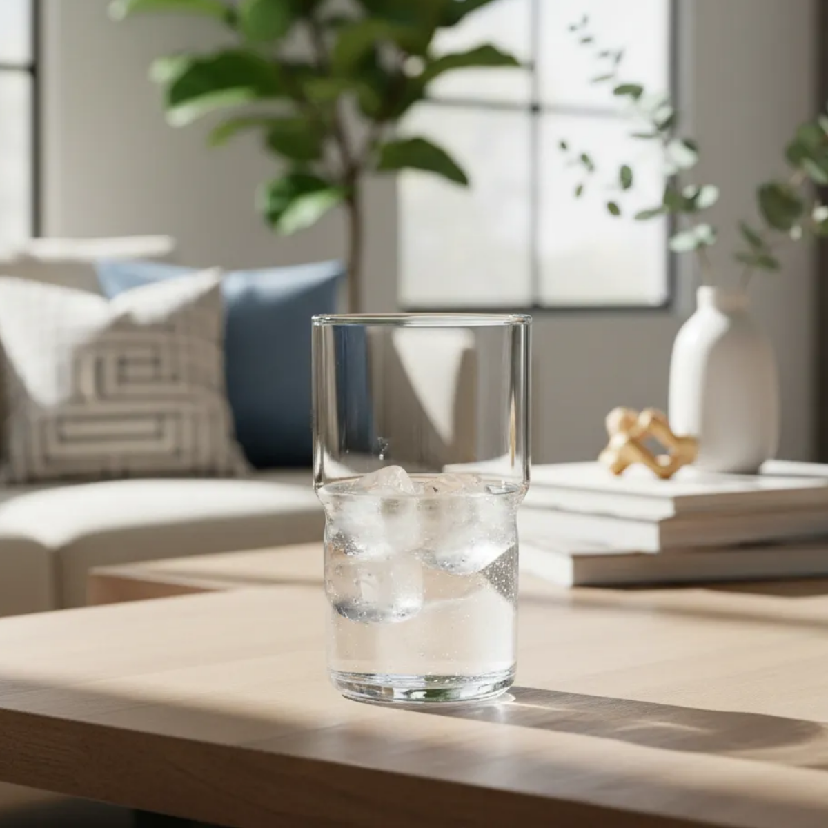 Vaso de vidrio Amalfi sobre mesa en ambiente hogareño moderno