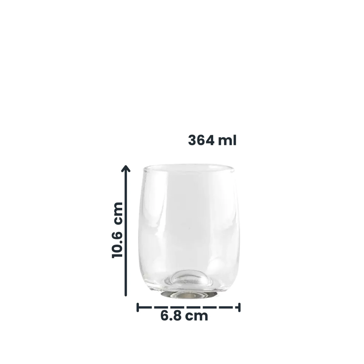 Vaso de vidrio Toy con capacidad de 365 ml y dimensiones indicadas