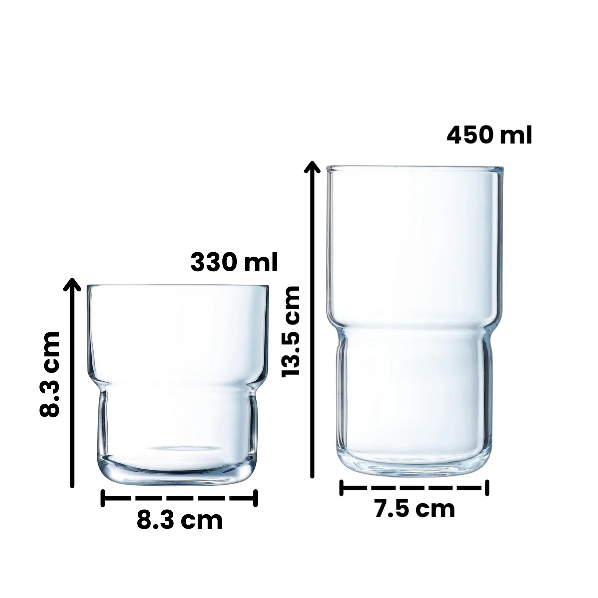 Vasos de vidrio Amalfi con capacidades de 330 ml y 450 ml y dimensiones indicadas