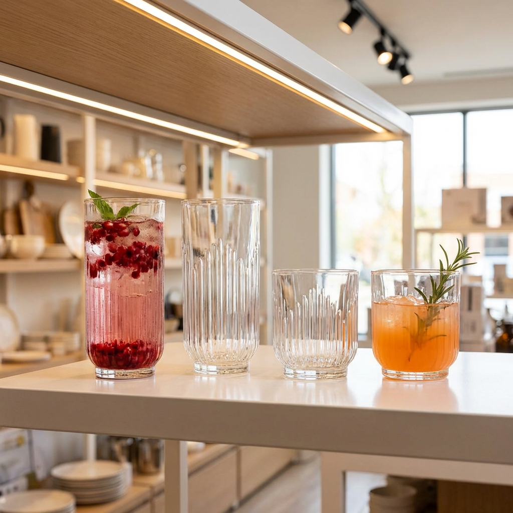 Vasos de vidrio Barcelona en formatos HB y OF en cocina moderna