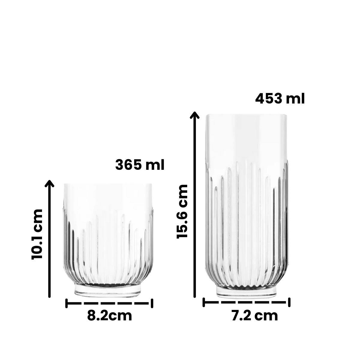 Vasos de vidrio Barcelona en formato HB y OF con capacidades y dimensiones indicadas