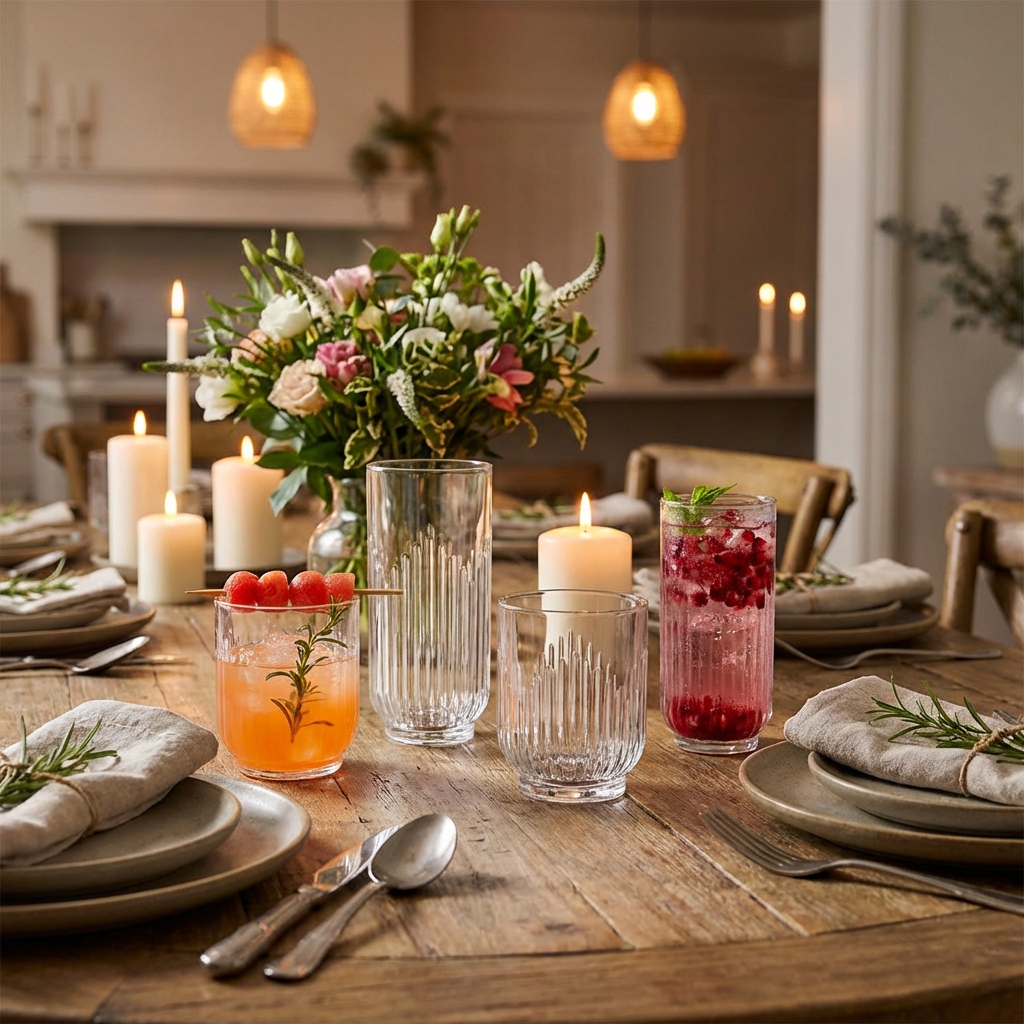 Vasos de vidrio Barcelona HB y OF presentados en mesa de comedor