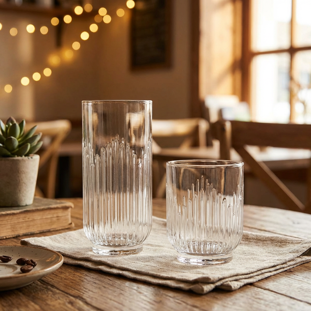 Vasos de vidrio estriados Barcelona en formatos alto y bajo sobre mesa de madera