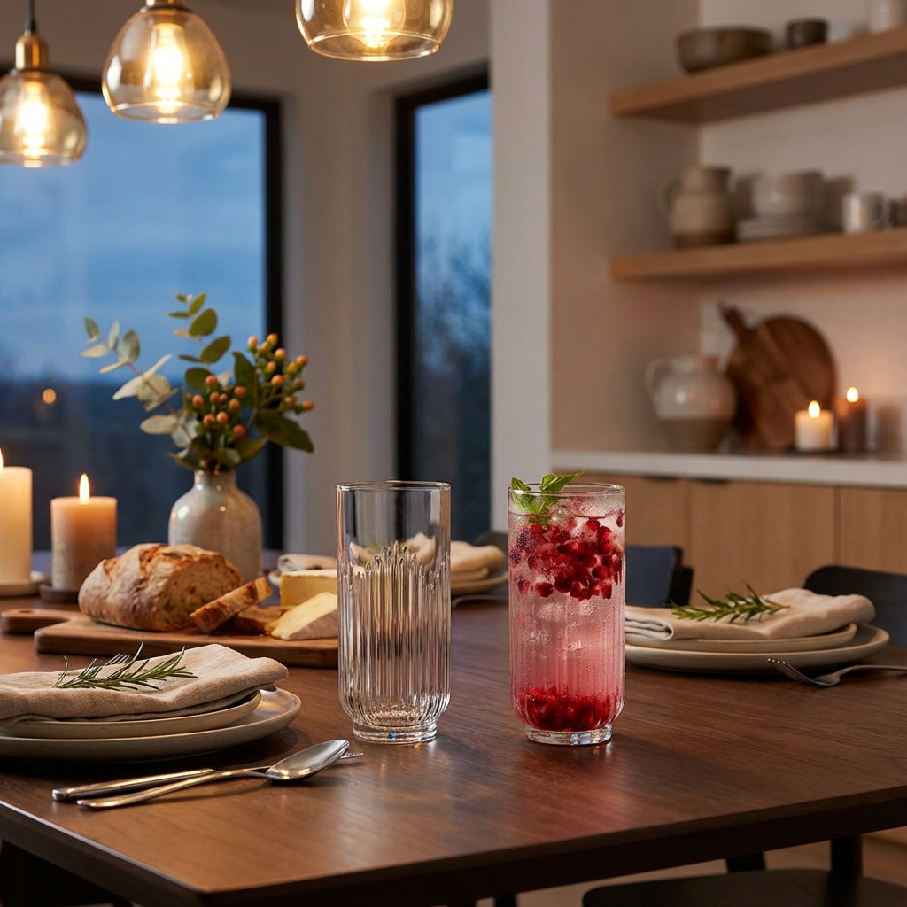 Vasos de vidrio estriados Barcelona presentados en mesa de comedor de 453 ml