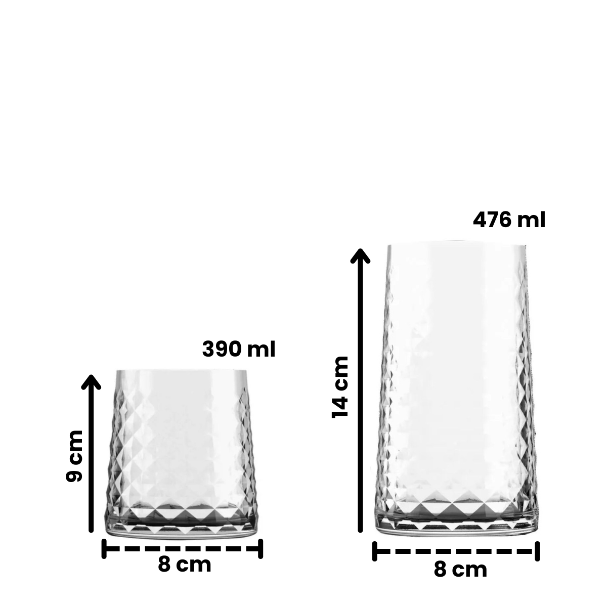 Medidas y capacidades de los vasos Cairo de vidrio en 390 ml y 476 ml