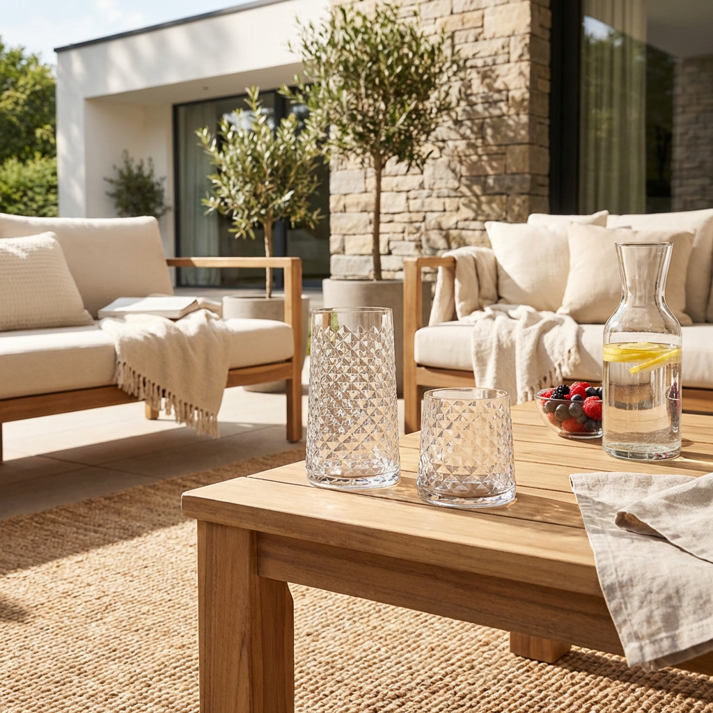 Vasos Cairo de vidrio decorando una mesa exterior con estilo moderno y elegante