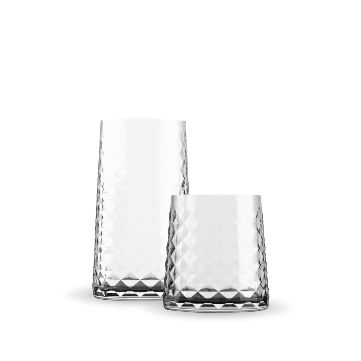 Vasos de vidrio Cairo con diseño geométrico moderno en formato old fashioned y highball