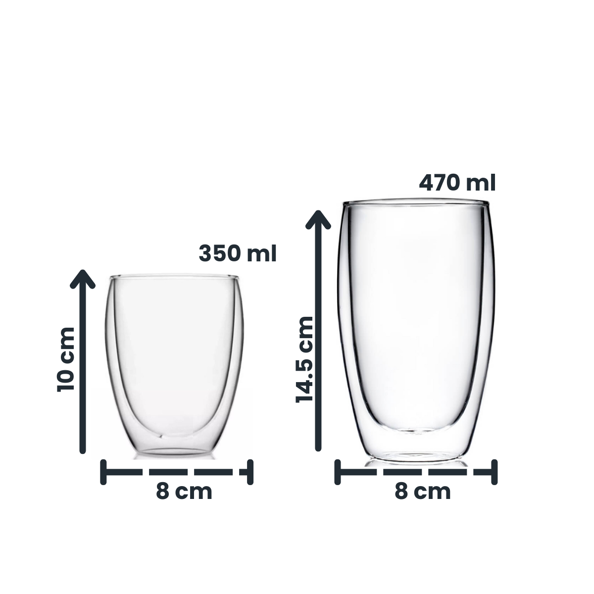 Medidas y capacidades de los vasos Doppio de vidrio de doble pared en dos tamaños