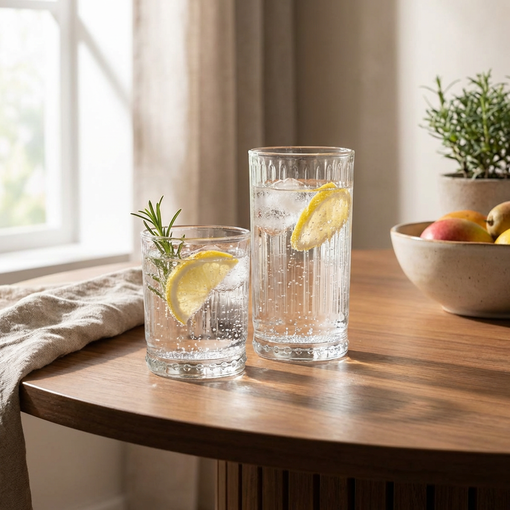 Vasos Galata de vidrio con bebida cítrica servida y diseño de líneas verticales