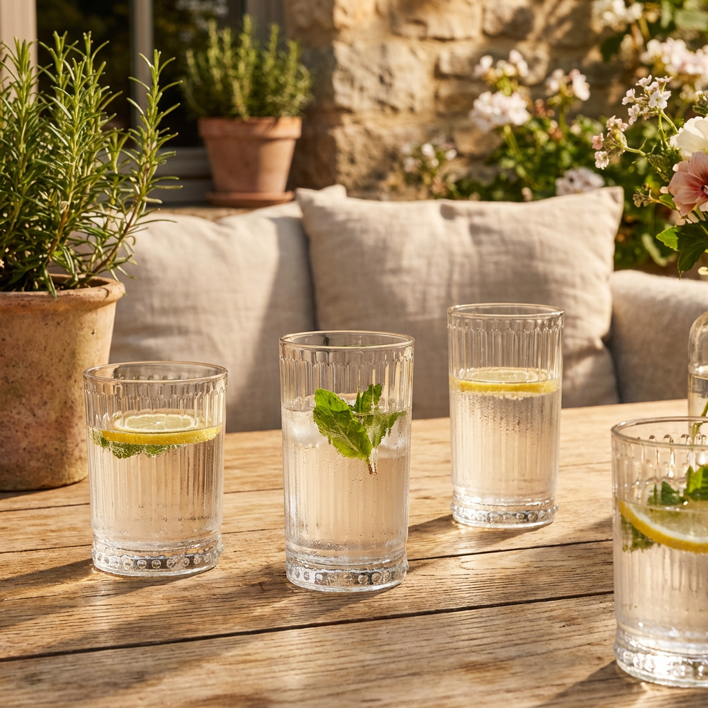 Vasos Galata de vidrio servidos con bebidas frías en una mesa exterior