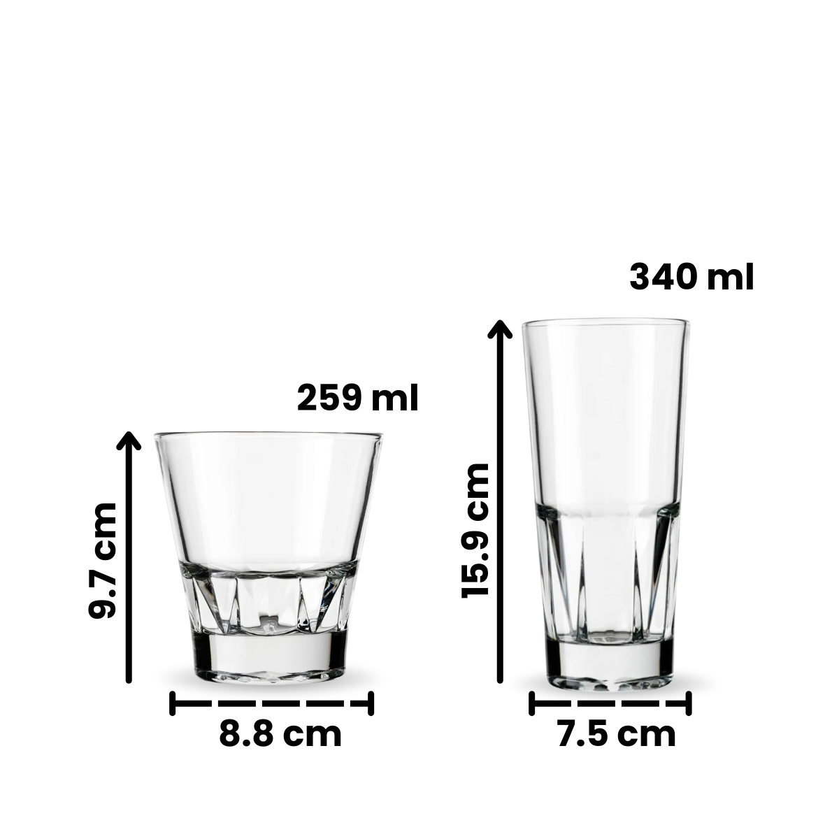 Medidas y capacidades de los vasos Gallery de vidrio en 259 ml y 340 ml