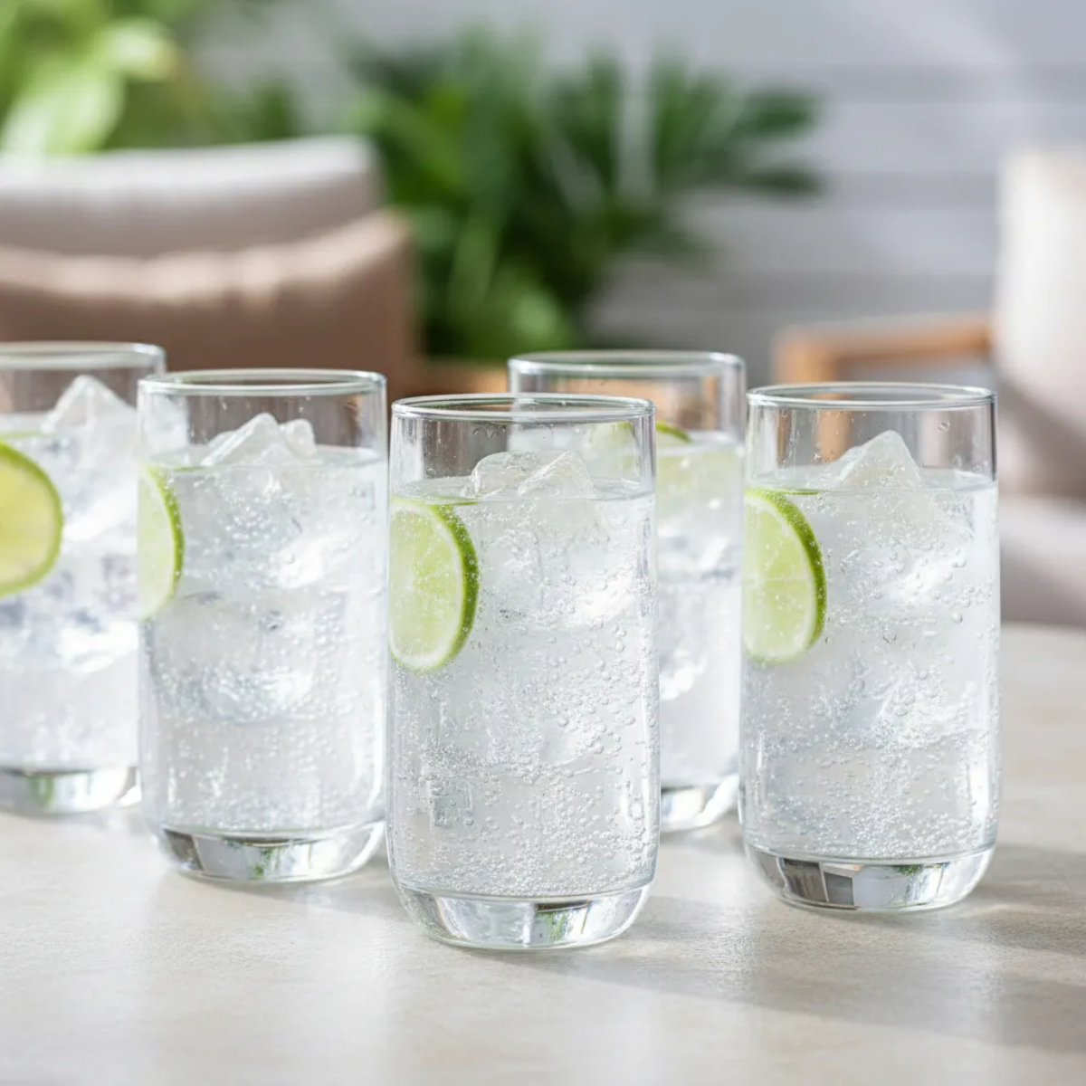 Vasos Koba de vidrio con agua y refrescos servidos con hielo y limón