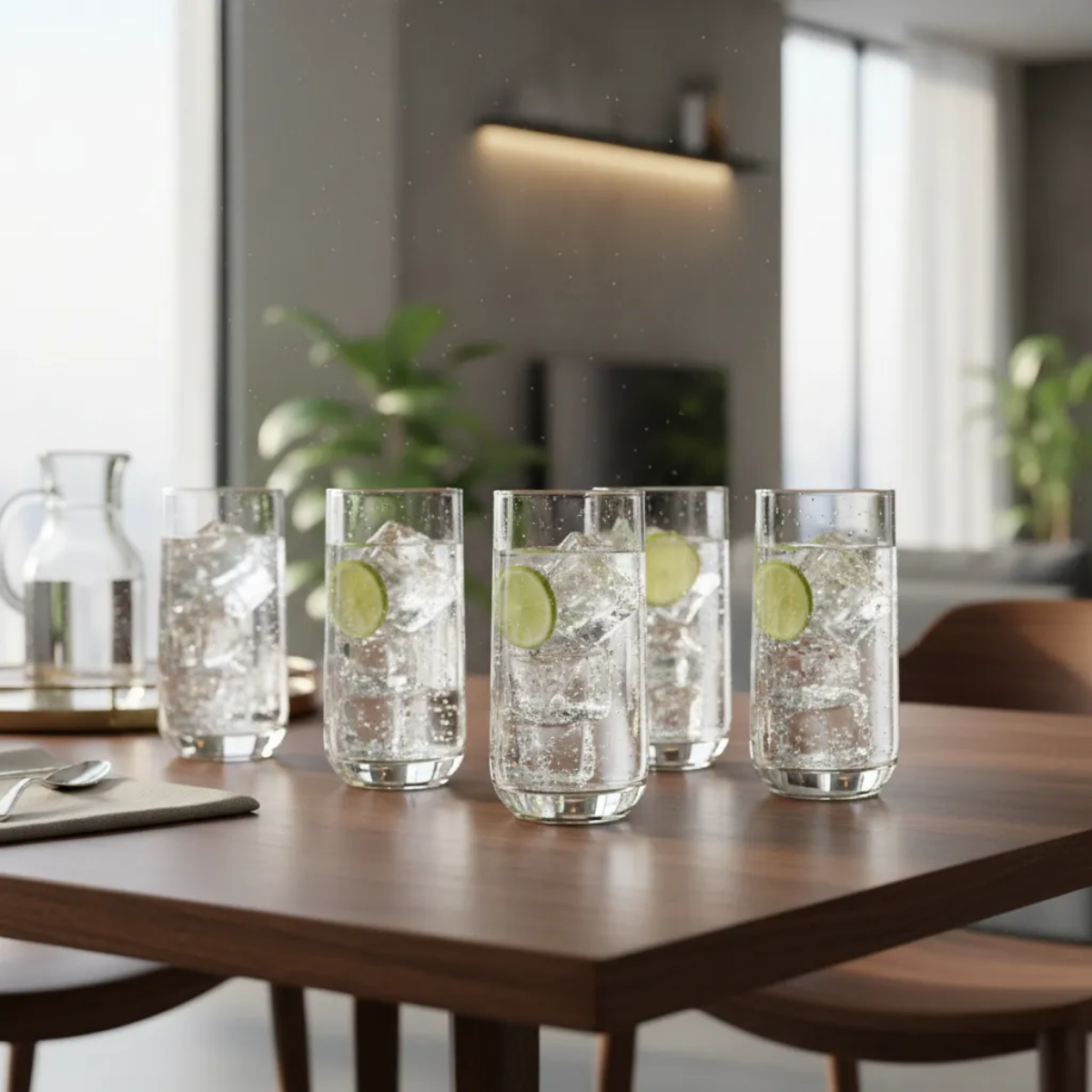 Vasos Koba de vidrio servidos en mesa de comedor para uso diario