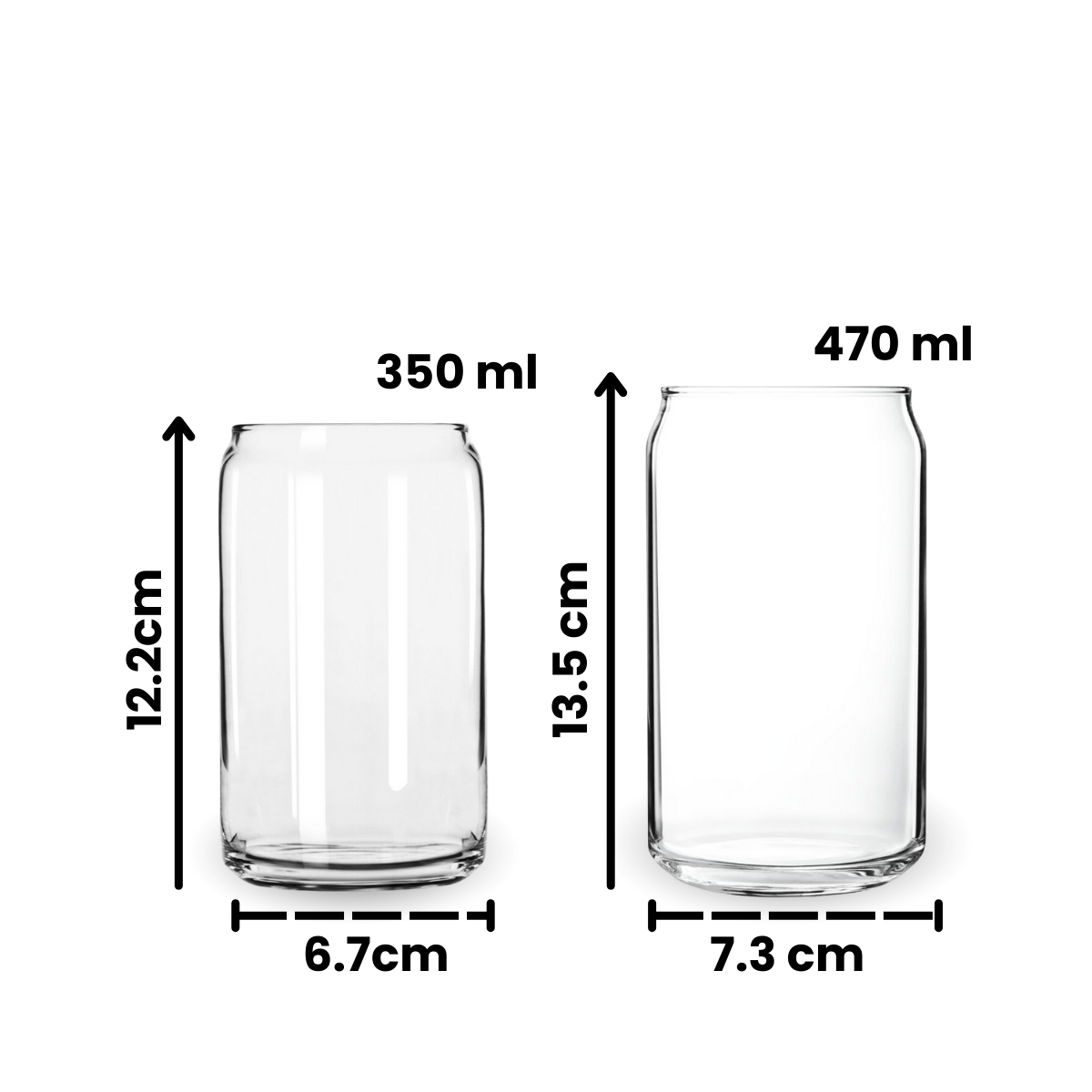 Medidas y capacidades de los vasos lata de vidrio Cristar en 350 ml y 470 ml
