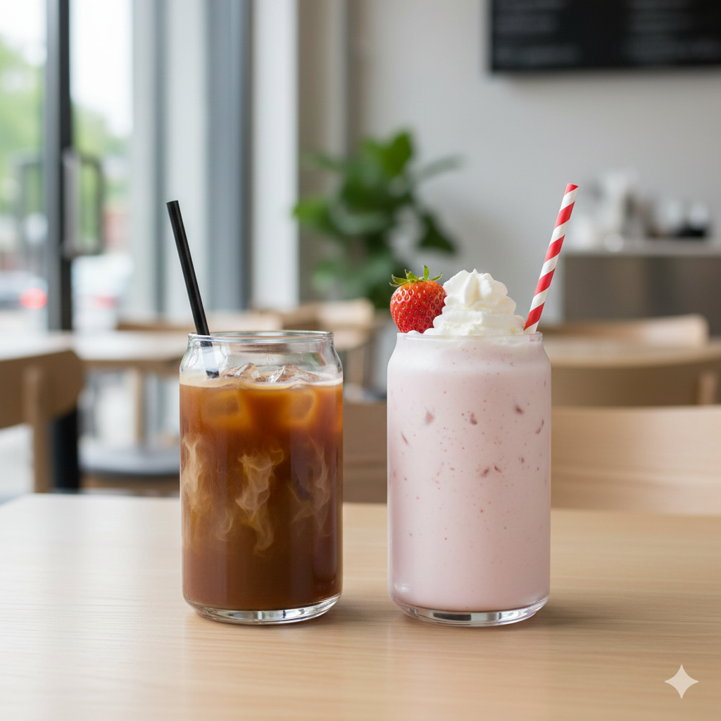 Vasos lata de vidrio con bebidas frías tipo café servidas con hielo