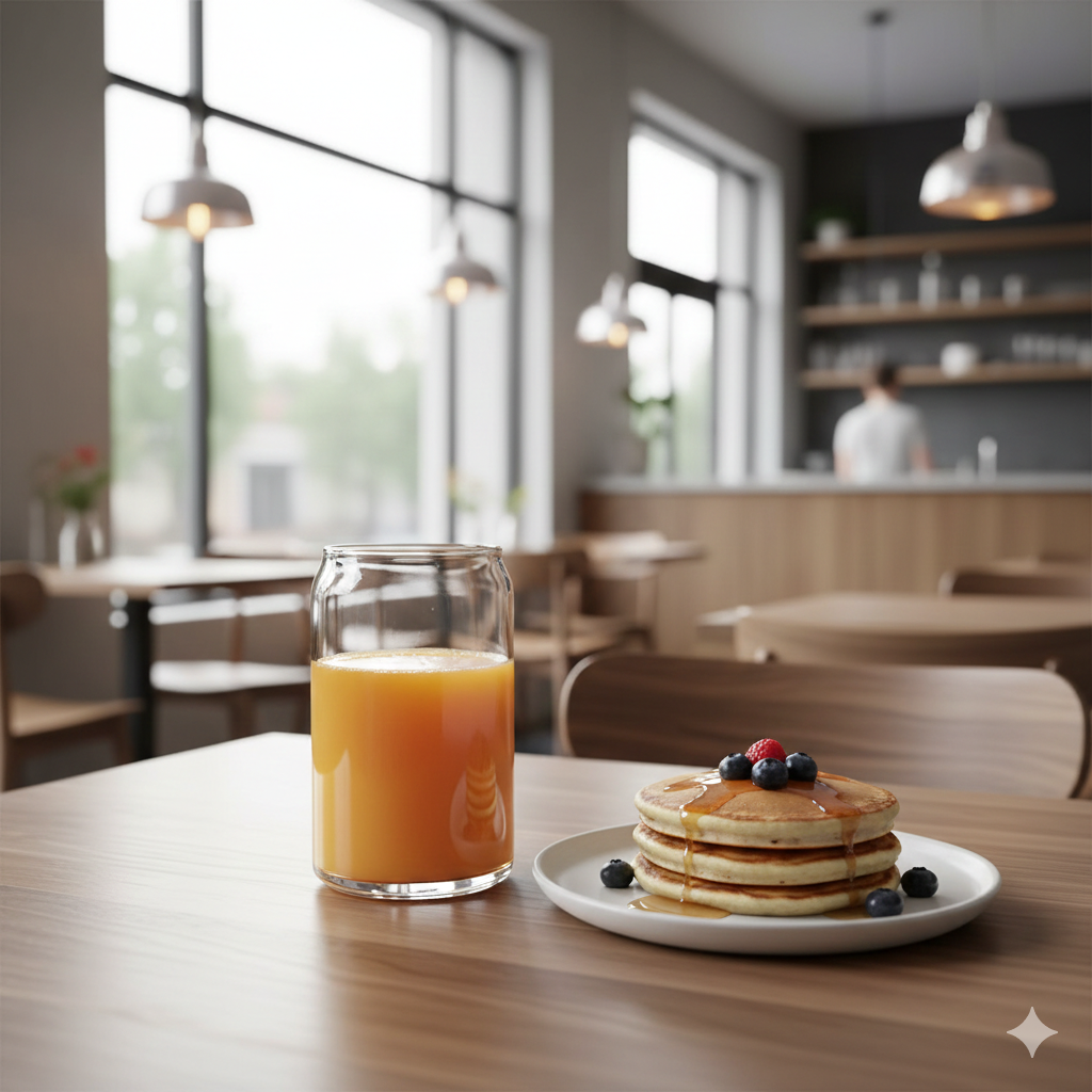 Vasos lata de vidrio con jugo servidos en una mesa de desayuno