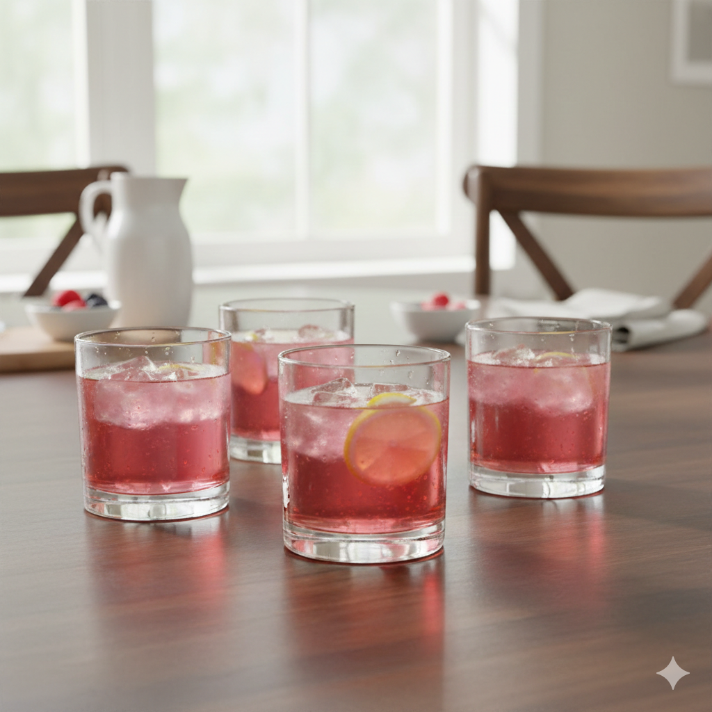 Vasos Lexington de vidrio servidos con bebidas frías en una mesa de comedor