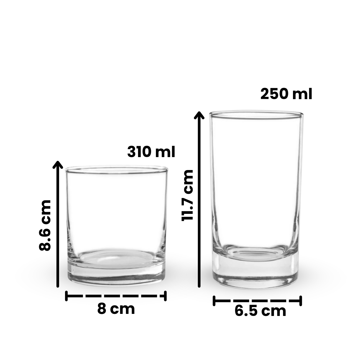 Medidas y capacidades de los vasos Lexington de vidrio en 251 ml y 310 ml