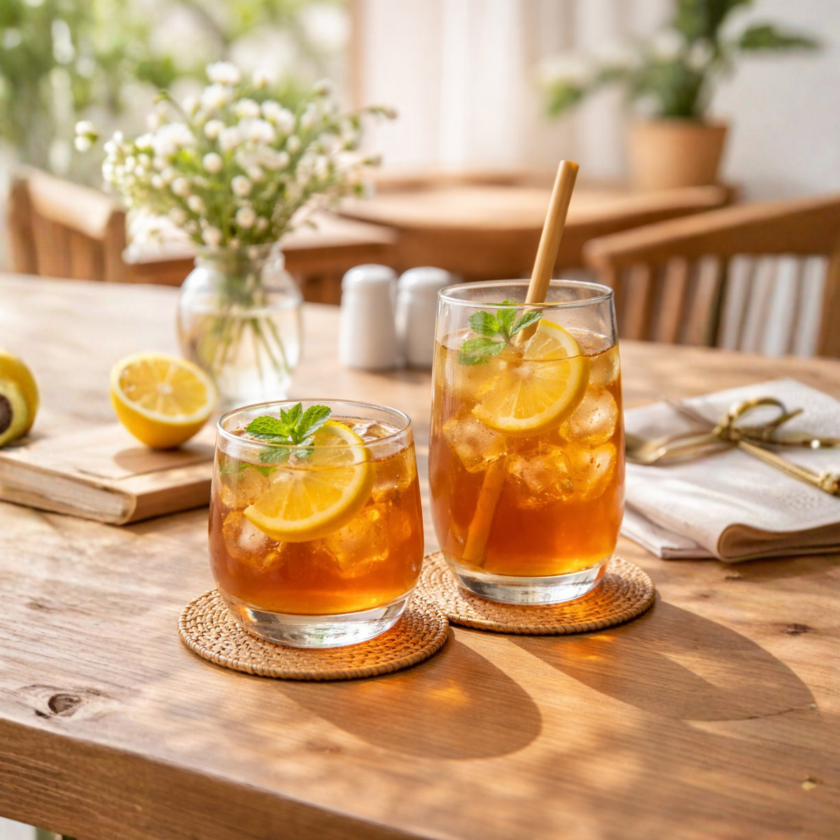 Vasos Napoli de vidrio con bebidas servidas y rodajas de cítricos