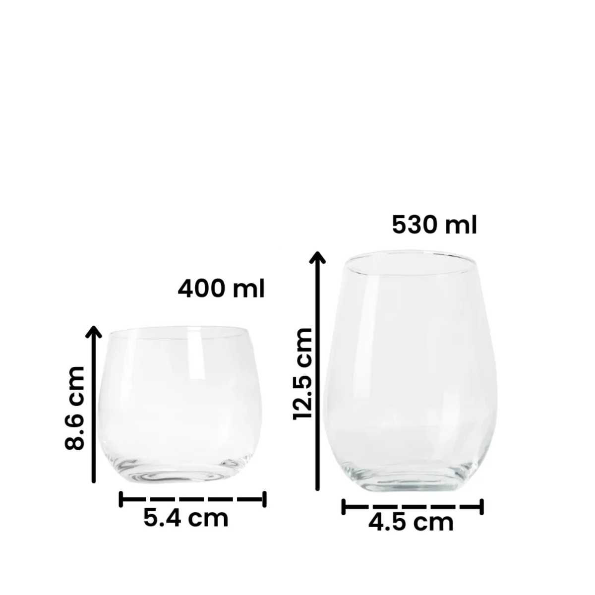 Medidas y capacidades de los vasos Napoli de vidrio en 400 ml y 530 ml