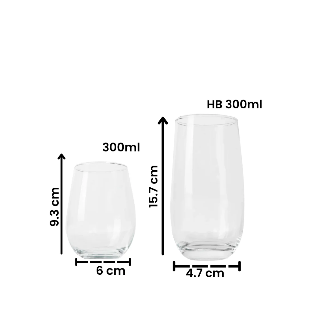 Medidas y capacidades de los vasos Napoli de vidrio en 300 ml y 540 ml