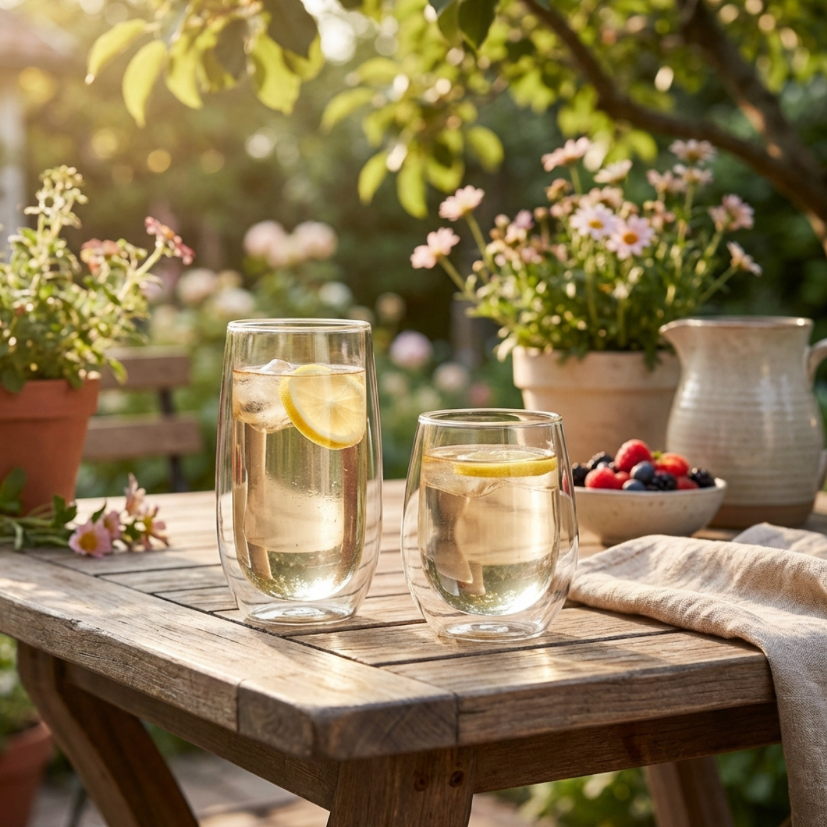 Vasos Napoli de vidrio utilizados en una mesa exterior para bebidas frías